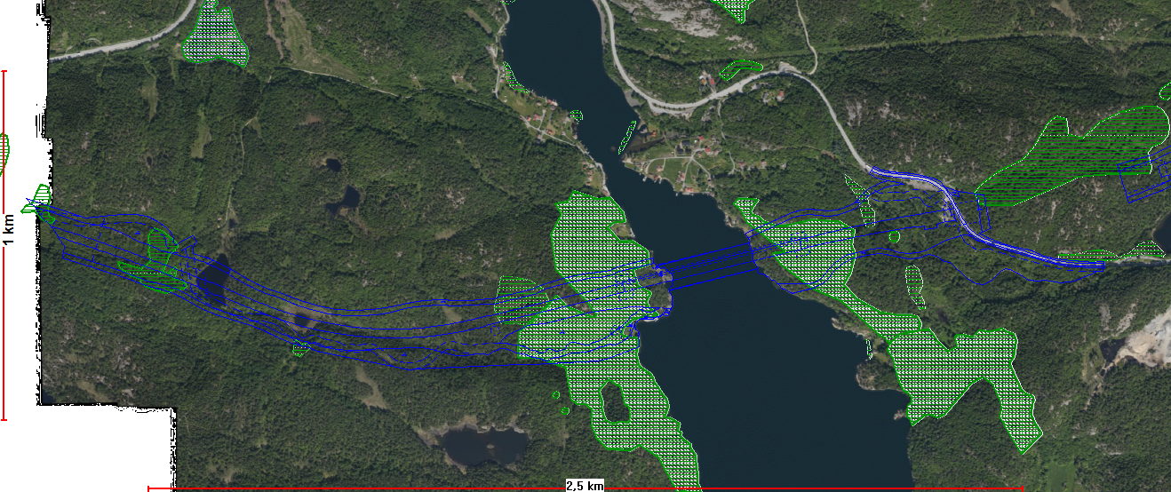 Kartutsnitt: Områdene rundt Trysfjorden er tyngst berørt. Kartet viser veien over miljødirektoratets prioriterte naturtyper.
