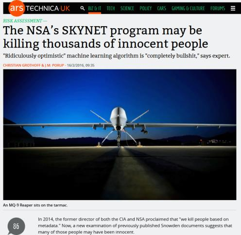 «We kill people based on metadata.» Michael Hayden (tidl. direktør for NSA og CIA) Mellom 2500 og 4000 personer har blitt drept av droneangrep i Pakistan siden 2004.