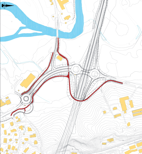 23 går i en sløyfe over tunnelportalen og i undergang under Røykenveien.