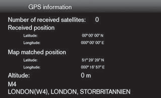 03 Planlegg din reise Innstillinger GPS-informasjon Kartversjon Tilbakestill navigasjonsinnstillingene 03 GPS-informasjon (GPS information) Skjermen viser: Mottatte satellitter: (Number of received