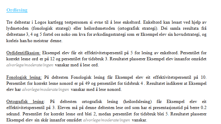 Figur 5. Utdrag frå rapporttypen Kartlegging, før redigering.