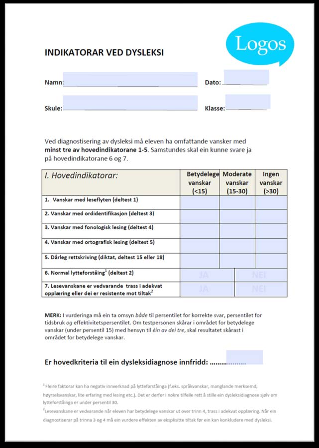 b. Indikatorskjemaet I tilknyting til utgreiinga om lesevanskar og dysleksi, skal du nytte Indikatorskjemaet. Indikatorskjemaet finn du i Logos under Testresultat.