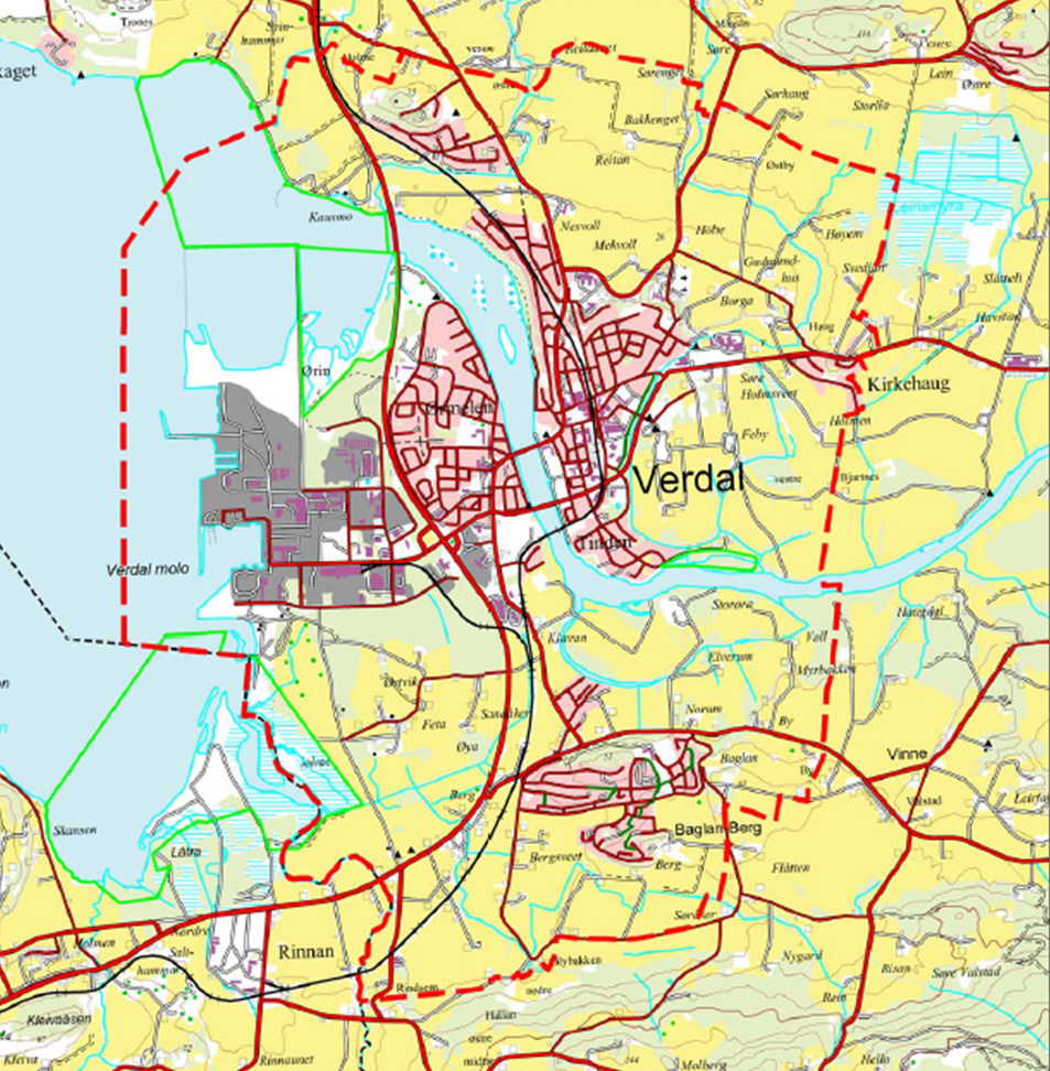 I vest er planområdet dominert av industriområdet på Ørin, mens de sentrale delene av området domineres av boligbebyggelse med en kjerne på østsiden av Verdalselva som utgjør sentrum preget av