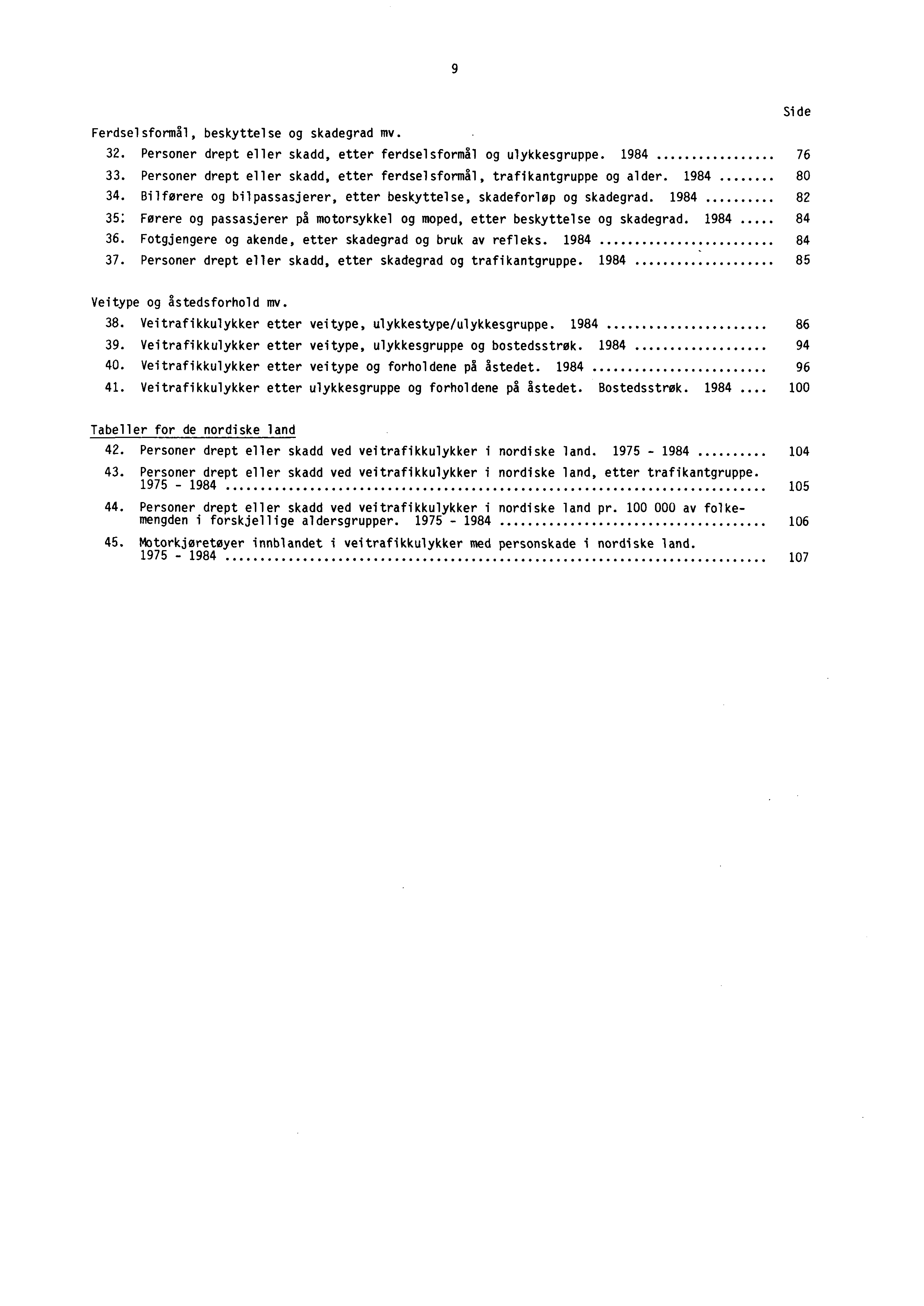 9 Si d e Ferdselsformål, beskyttelse og skadegrad mv. 32. Personer drept eller skadd, etter ferdselsformål og ulykkesgruppe. 1984 76 33.