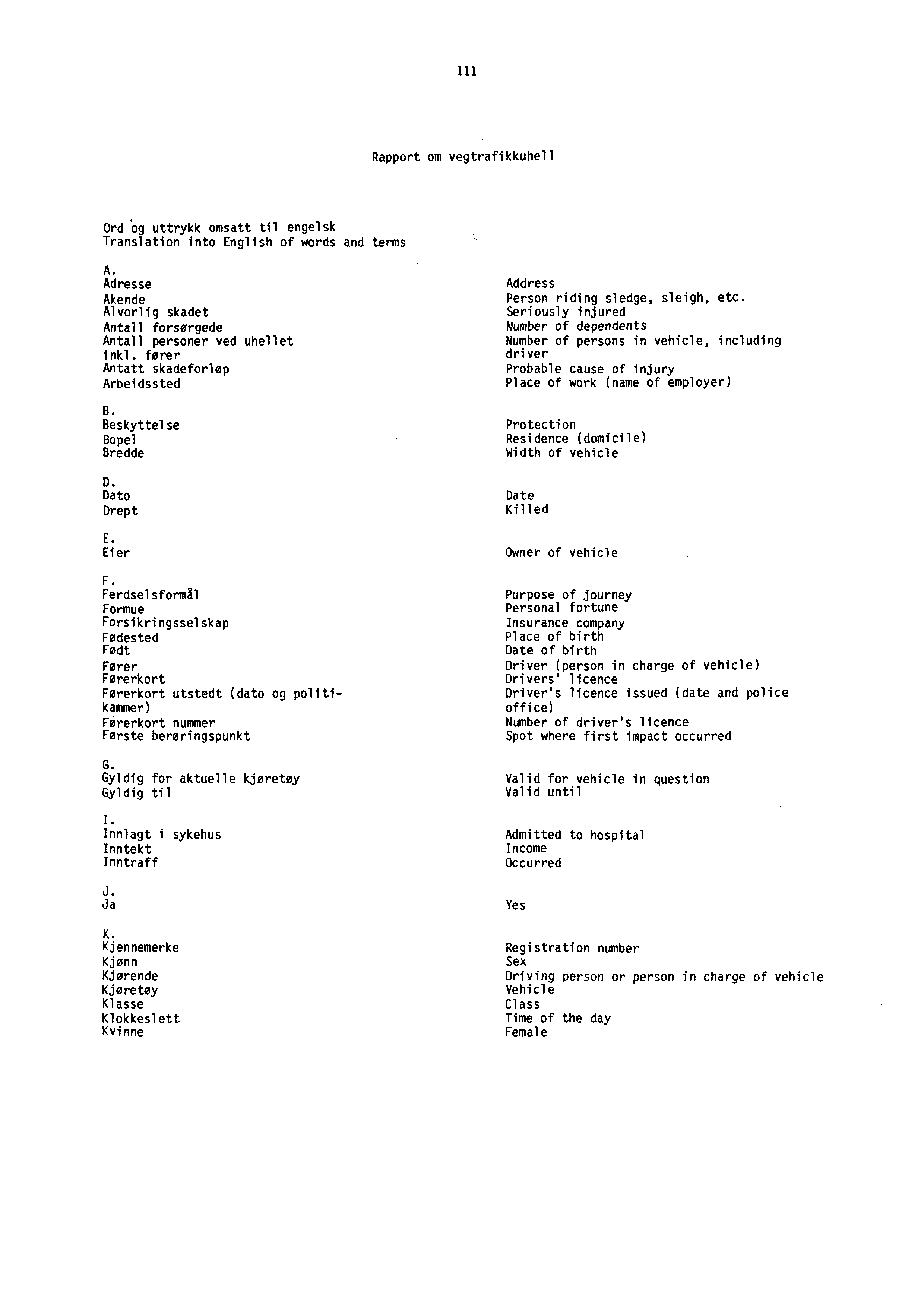 111 Rapport om vegtrafikkuhell Ord og uttrykk omsatt til engelsk Translation into English of words and terms A. Adresse Akende Alvorlig skadet Antall forsørgede Antall personer ved uhellet inkl.