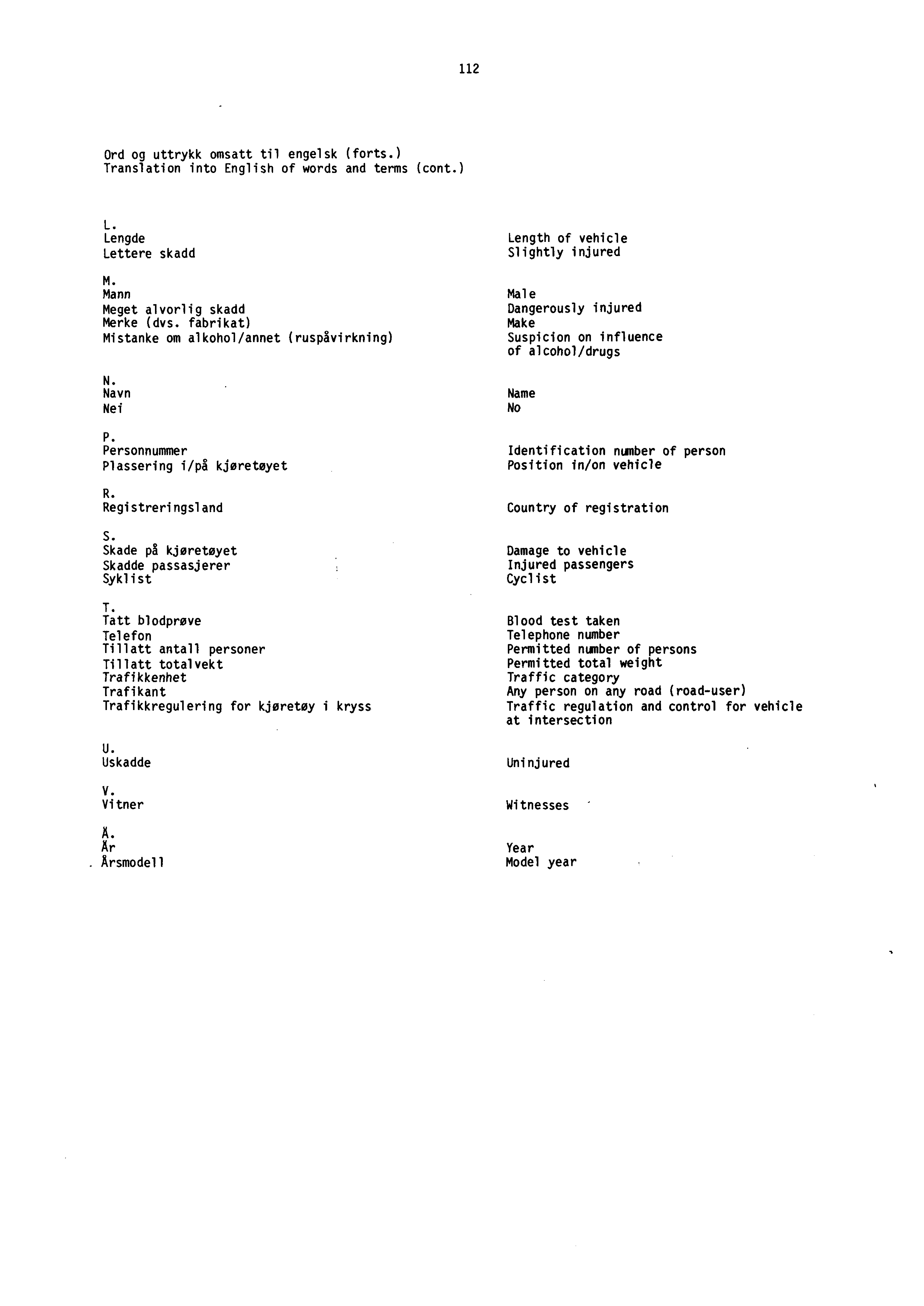 112 Ord og uttrykk omsatt til engelsk (forts.) Translation into English of words and terms (cont.) L. Lengde Lettere skadd M. Mann Meget alvorlig skadd Merke (dvs.