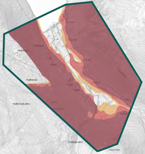 Aktsomhetsområder for skred. Arealbrukskart. Kartet viser aktsomhetsområder og potensielle farer for skredtypene snøskred, sørpeskred, steinsprang, jordskred og flomskred.