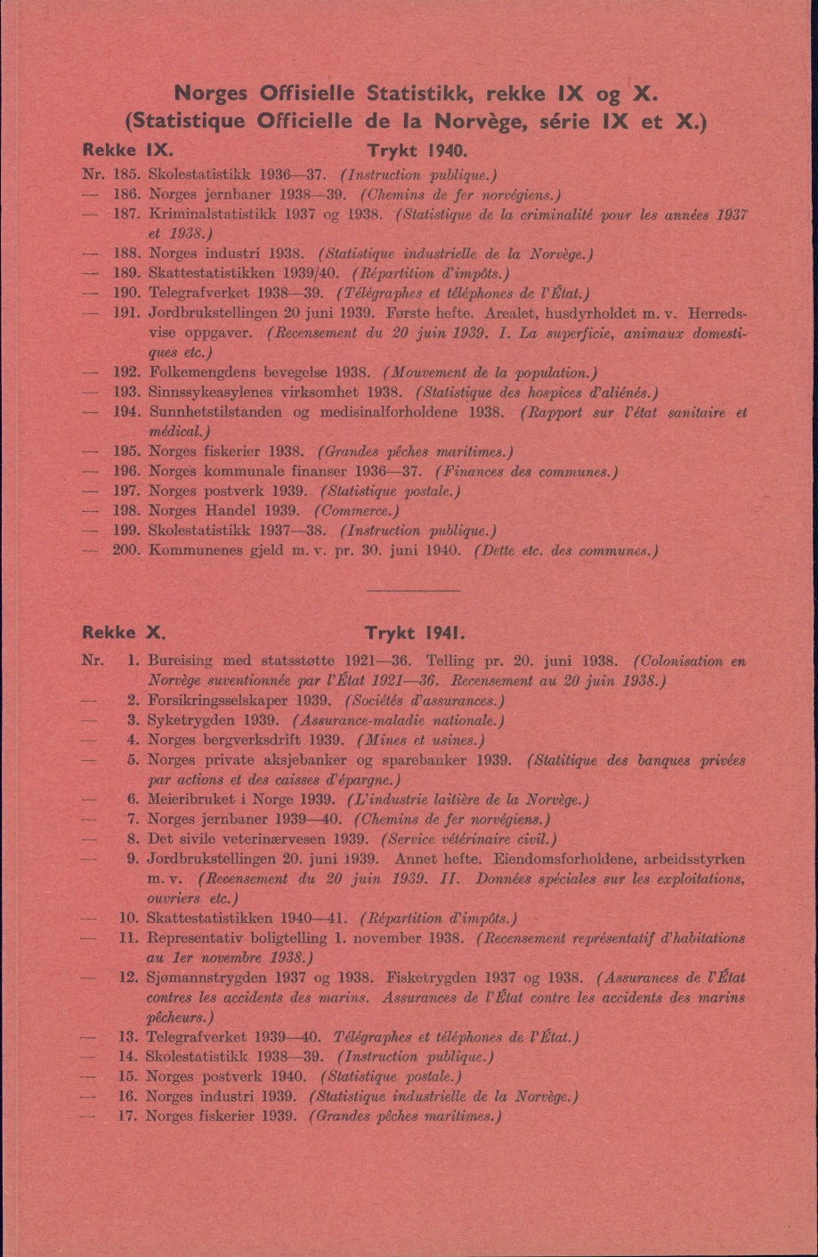 orges Offisielle Statistikk, rekke IX og X (Statistique Offielle de la orvège, série IX et X) Rekke IX Trykt 194 r 185 Skolestatistikk 193-37 (Instruction publique) 18 orges jernbaner 1938-39