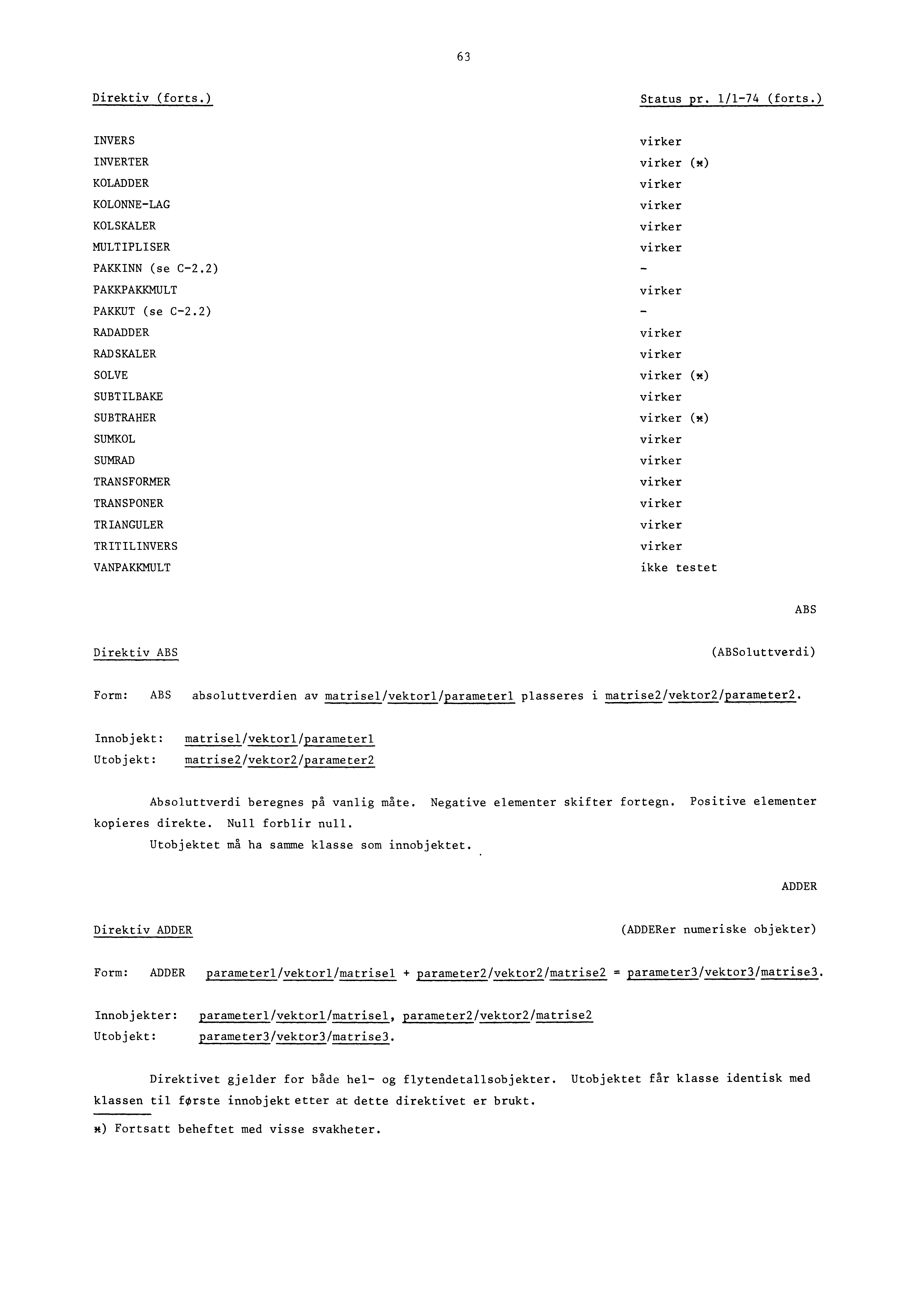 63 Direktiv (forts.) Status pr. 1/1-74 (forts.) INVERS INVERTER KOLADDER KOLONNE-LAG KOL SKÅLER MULTIPLISER PAKKINN (se C-2,2) PAKKPAKKMULT PAKKUT (se C-2.