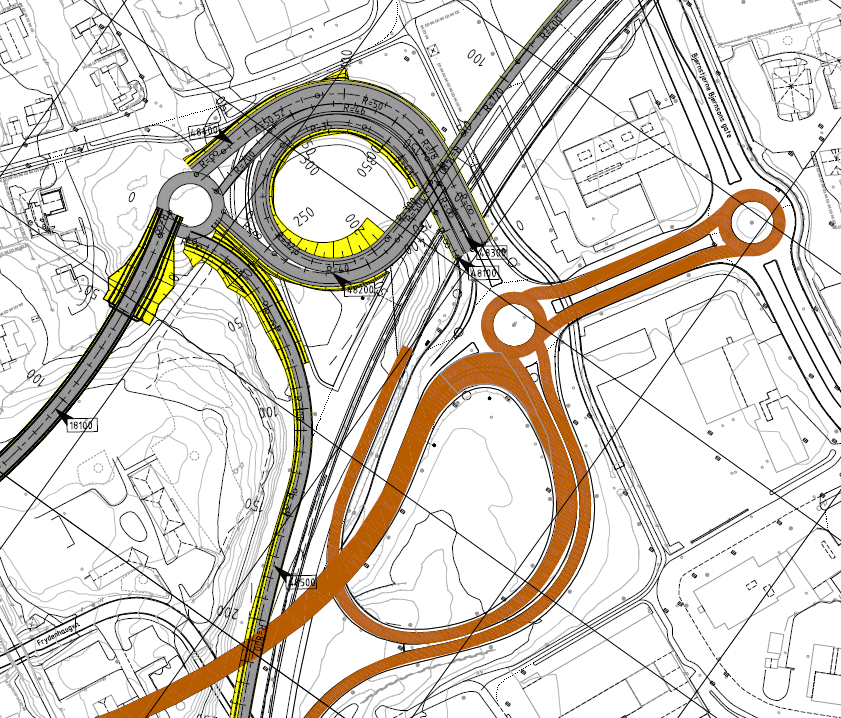 4.2 Alternativ 8 Løsningen har 2 avkjøringsfelt på E18-brua. Trafikken som skal til Kongsberg (via Strømsåstunnelen) ledes via en ny rundkjøring før den fortsetter inn i Strømsåstunnelen.