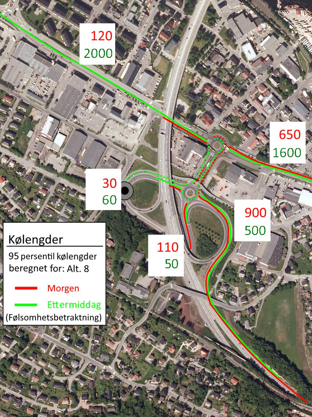 6.2 Alt. 8 2023-trafikk 6.2.1 Kølengder alt. 8 2023 Figur 6-3 - Kølengder beregnet for Alternativ 8 med trafikktall for «2023-trafikk».