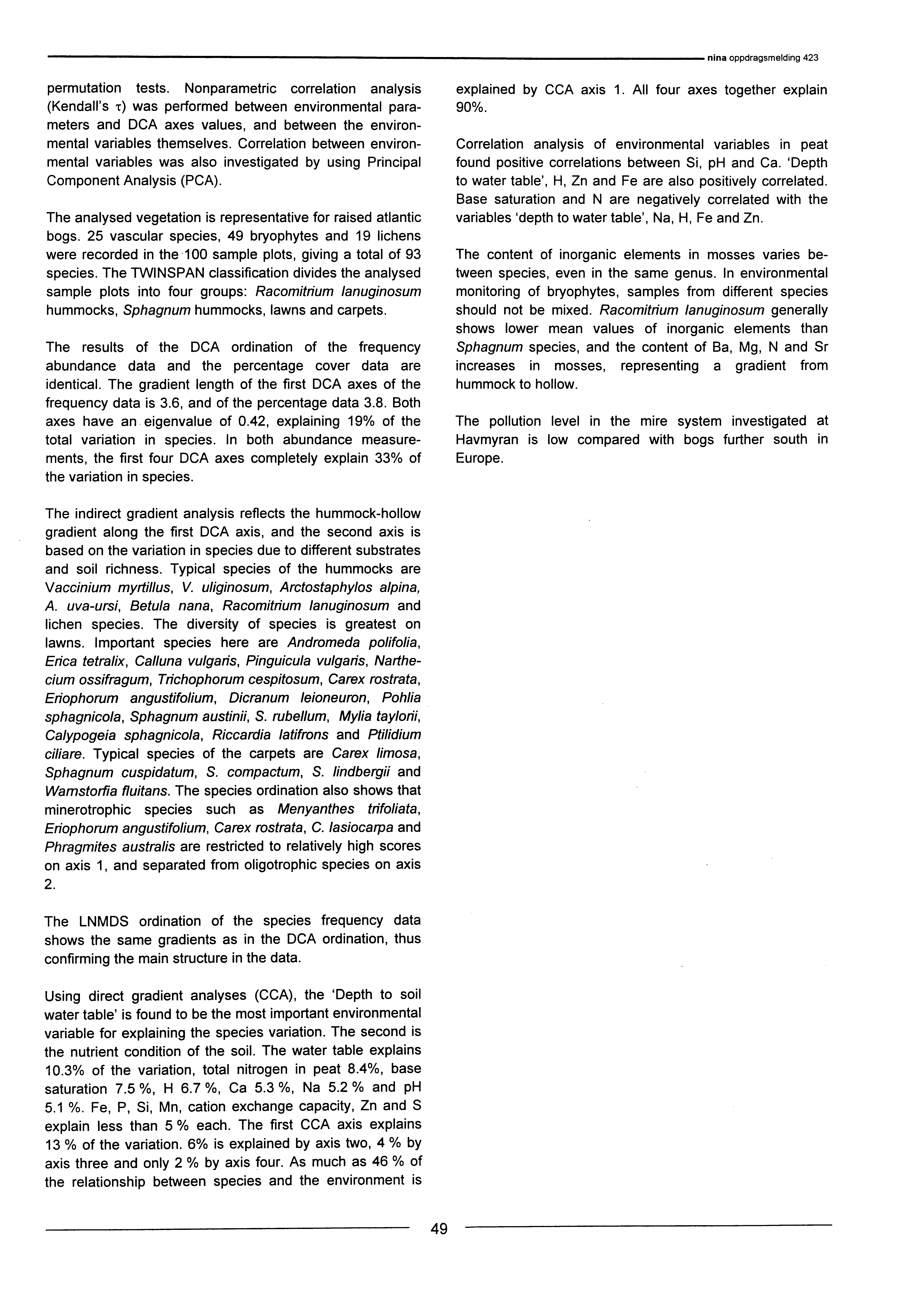 permutation tests. Nonparametric correlation analysis (Kendall's was performed between environmental parameters and DCA axes values, and between the environmental variables themselves.