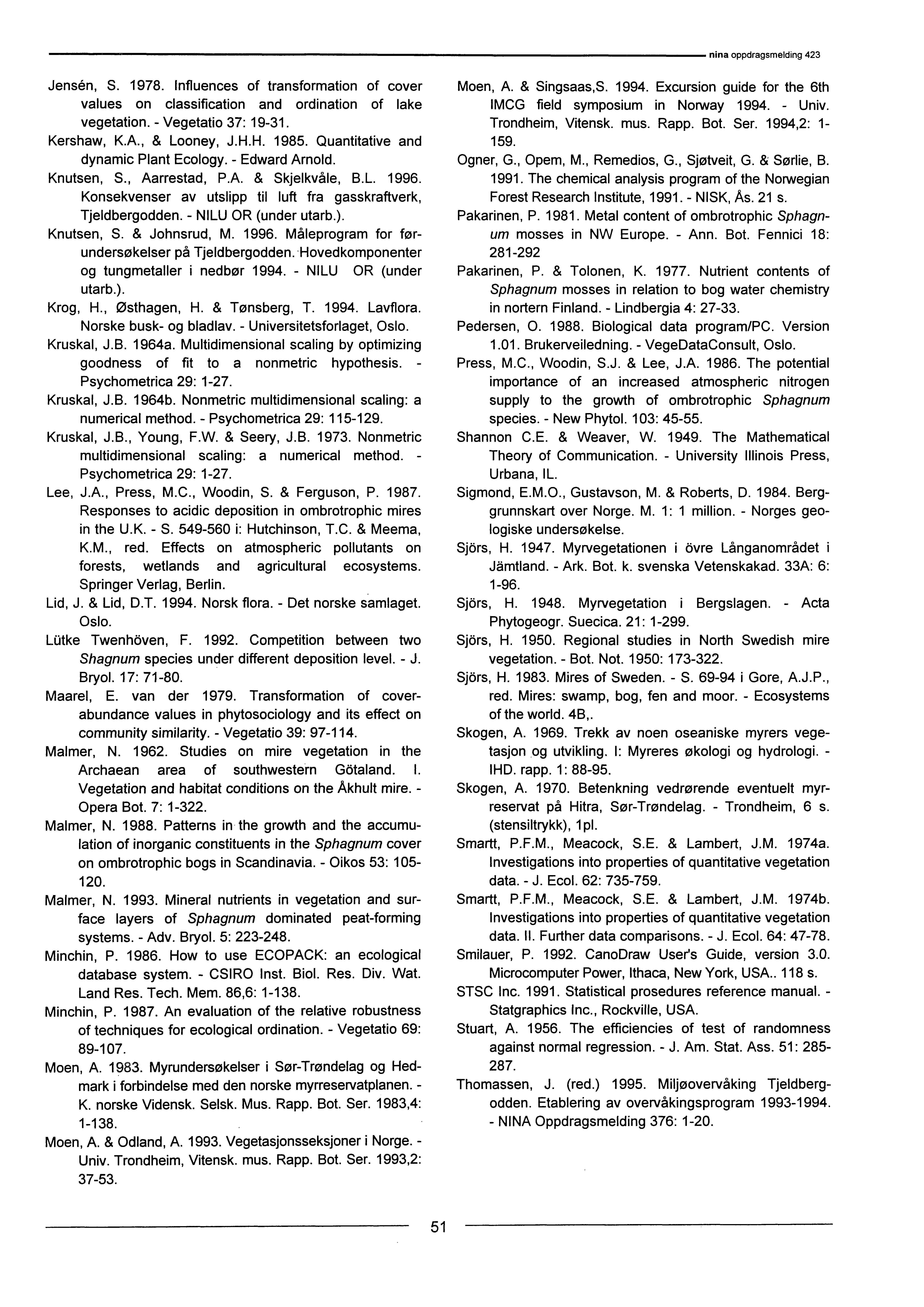 Jens&i, S. 978. Influences of transformation of cover values on classification and ordination of lake vegetation. - Vegetatio 37: 9-3. Kershaw, K.A., & Looney, J.H.H. 985.