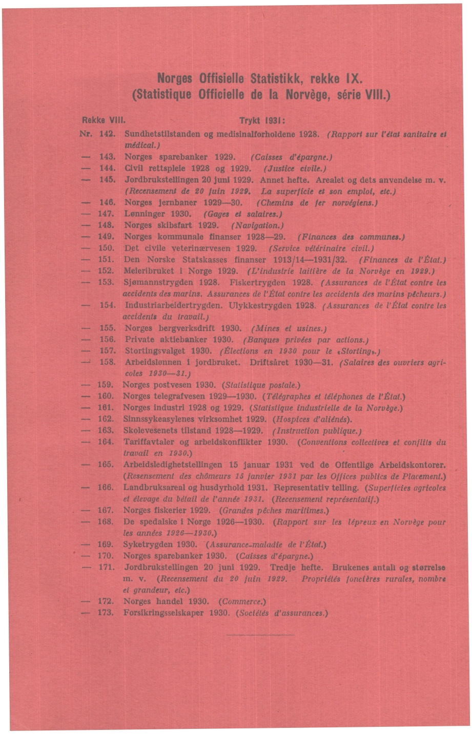 orges Offisielle Statistikk rekke IX (Statistique Officielle de la orvège série VIII) Rekke VIR Trykt 1931: 142 Sundhetstilstanden og medisinalforholdene 1928 (Rapport sur l'état sanitaire et