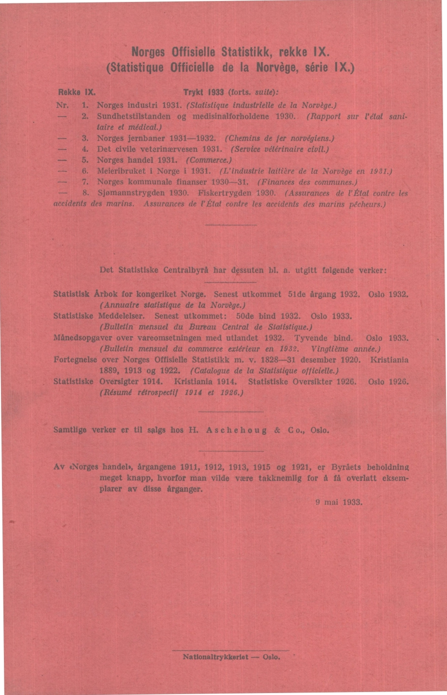 orges Offisielle Statistikk rekke IX (Statistique Officielle de la orvège série IX) Rekke IX Trykt 1933 (forts suite): 1 orges industri 1931 (Statistique industrielle de la orvège) 2