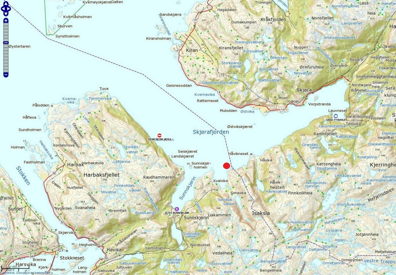 2. Materiale og metode 2.1 Område og stasjonsvalg Lokaliteten Simavika ligger sør i Skjørafjorden, Sør-Trøndelag. Anlegget er i et område med enkelte holmer og skjær, med små terskler i områder.