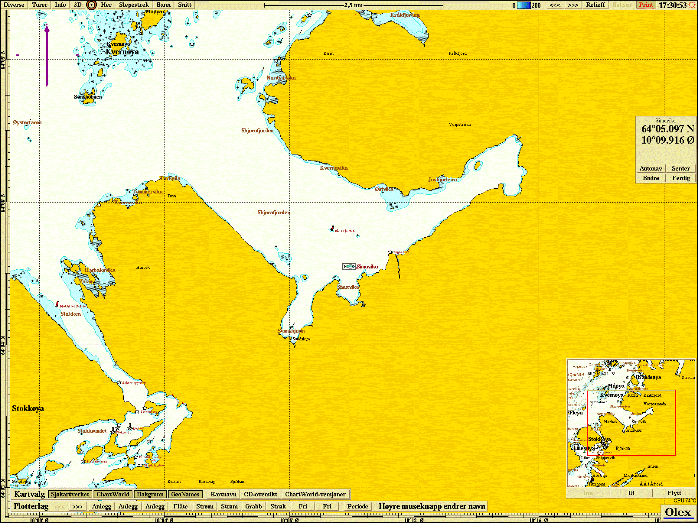 Figur 2. Topografisk kart (nordlig orientering) med avmerking av lokalitet Simavika. Alle prøver ble fordelt jevnt slik at de best mulig dekker bunnområdet rett under anlegget.