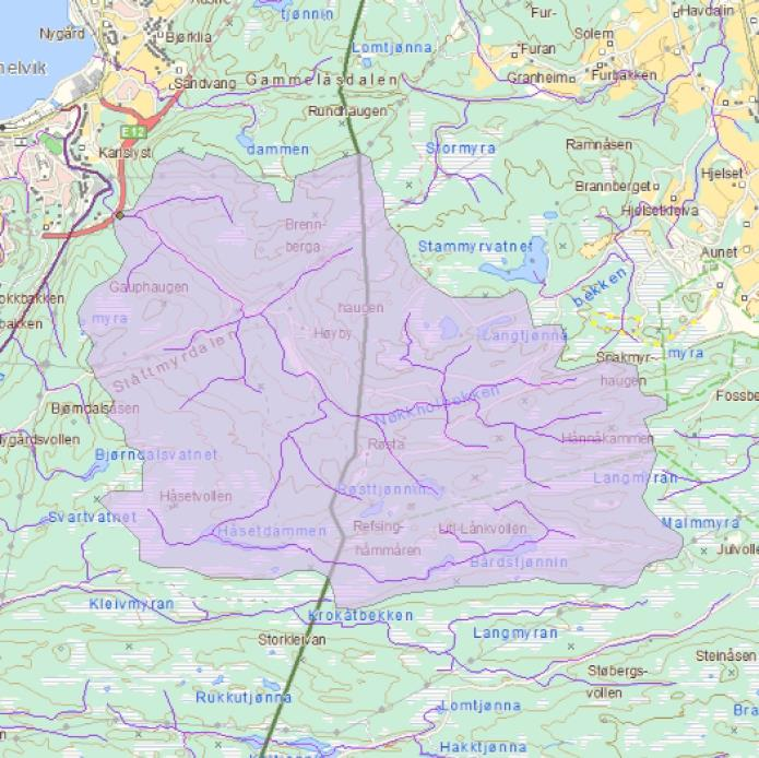 Kryssinger av vassdrag, Hydrologirapport 51 Høybybekken Nedslagsfeltet til Høybybekken for punktet der den krysser E6 er 15,4 km 2 stort. Feltlengden er på 6,0 km.
