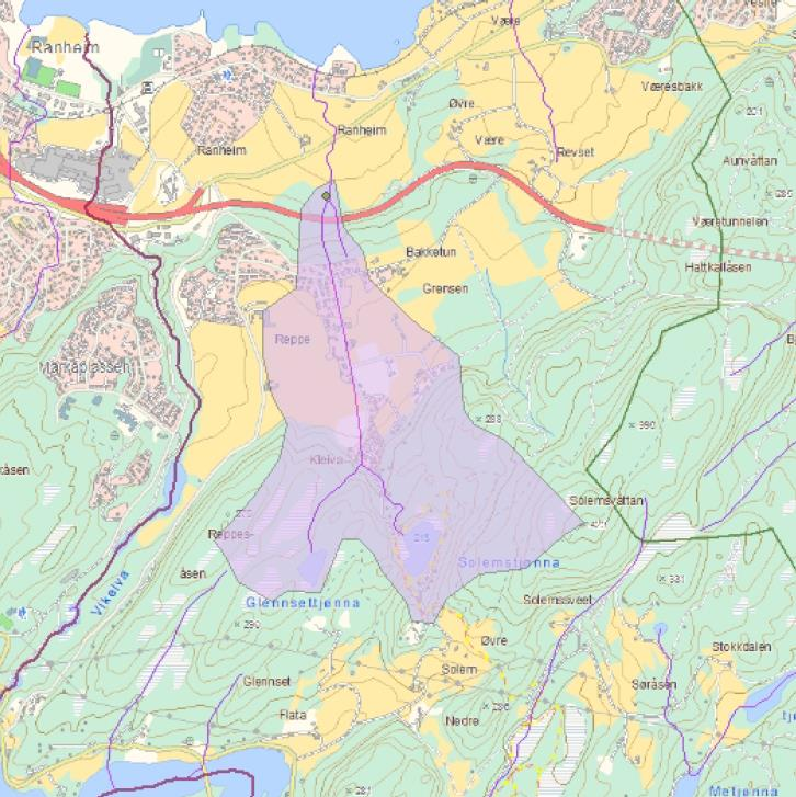 Kryssinger av vassdrag, Hydrologirapport 56 4.2.4 Beskrivelse av nedbørfeltene Bekk fra Ranheim Øst Nedslagsfeltet til bekken fra Ranheim Øst for punktet der den krysser E6 er 2,0 km 2 stort.