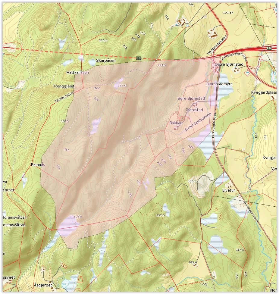 Kryssinger av vassdrag, Hydrologirapport 58 Vegbrubekken Nedslagsfelt til Vegbrubekken for punktet der den krysser E6 er 1,7 km 2 stort. Feltlengden er på 2,1 km.