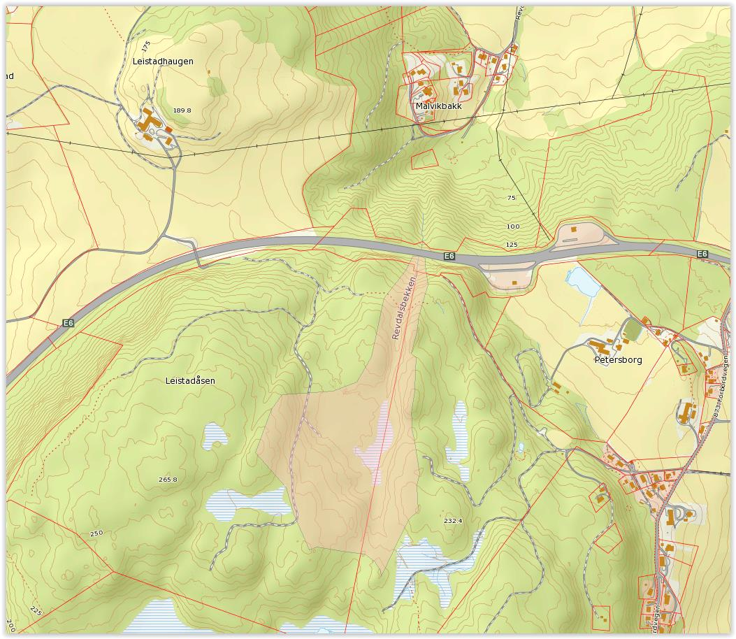 Kryssinger av vassdrag, Hydrologirapport 59 Revdalsbekken Nedslagsfelt til Revdalsbekken for punktet der den krysser E6 er 0,13 km 2 stort. Feltlengden er på 0,7 km.