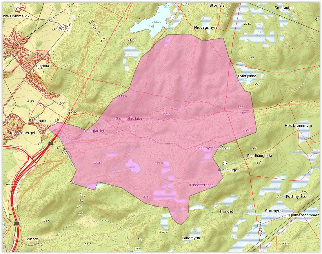 Kryssinger av vassdrag, Hydrologirapport 64 Sandmarksbekken Nedslagsfelt til Sandmarksbekken for punktet der den krysser E6 er 1,8 km 2 stort.