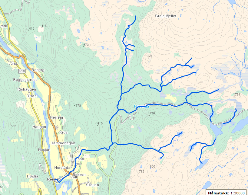 5.3 Rennebu kommune 5.3.1 Horunda Figur 24. Oversiktskart over Horunda Horunda (Hurunda) er en middels stor bekk/liten elv gjennomsnittsbredde på om lag 5 meter i nedre del.