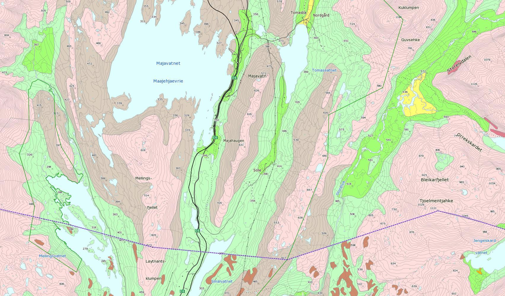 Bilde: Løsmasse kart fra NGU Veien krysser også ett myrområde i sørlige del av parsellen.