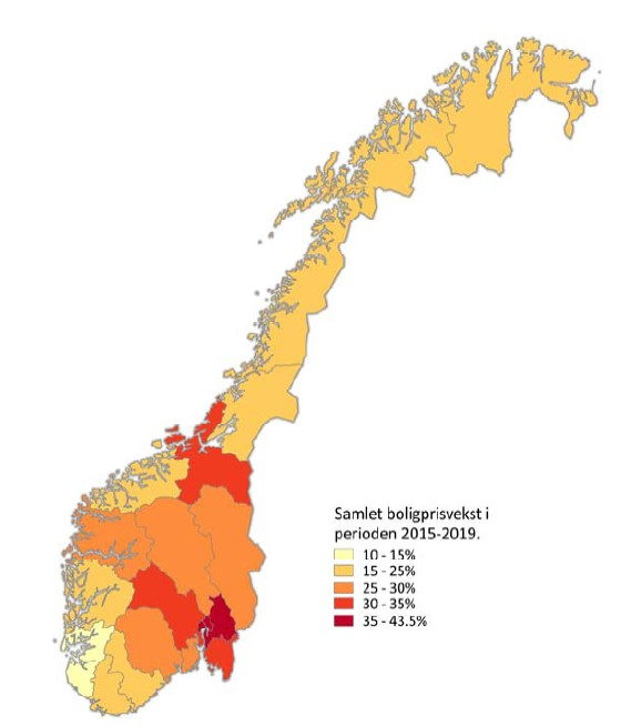 Forventet fortsatt økte forskjeller i boligmarkedet, men ventes positiv prisvekst i hele landet Prognose prisvekst 2015 2019 (kilde: Samfunnsøkonomisk