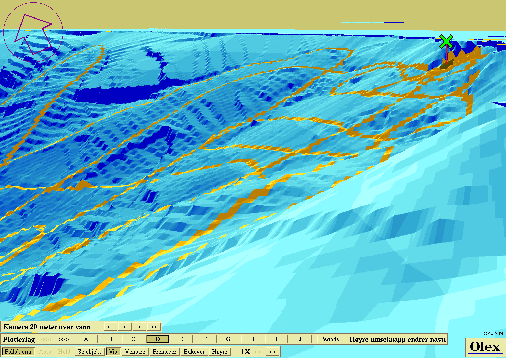 Figur 6. Djupnetilhøve frå land ved Hermansverk og utover i fjorden, sett i 3-D perspektiv.