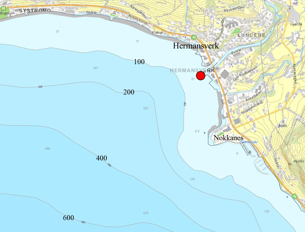 Botnen i området skrånar forholdsvis jamt ned frå land til nærare 1000 m djup ute i fjorden (figur 2 og 3). Djupna er 50 meter om lag 130 meter frå land og 100 meter om lag 240 meter frå land.