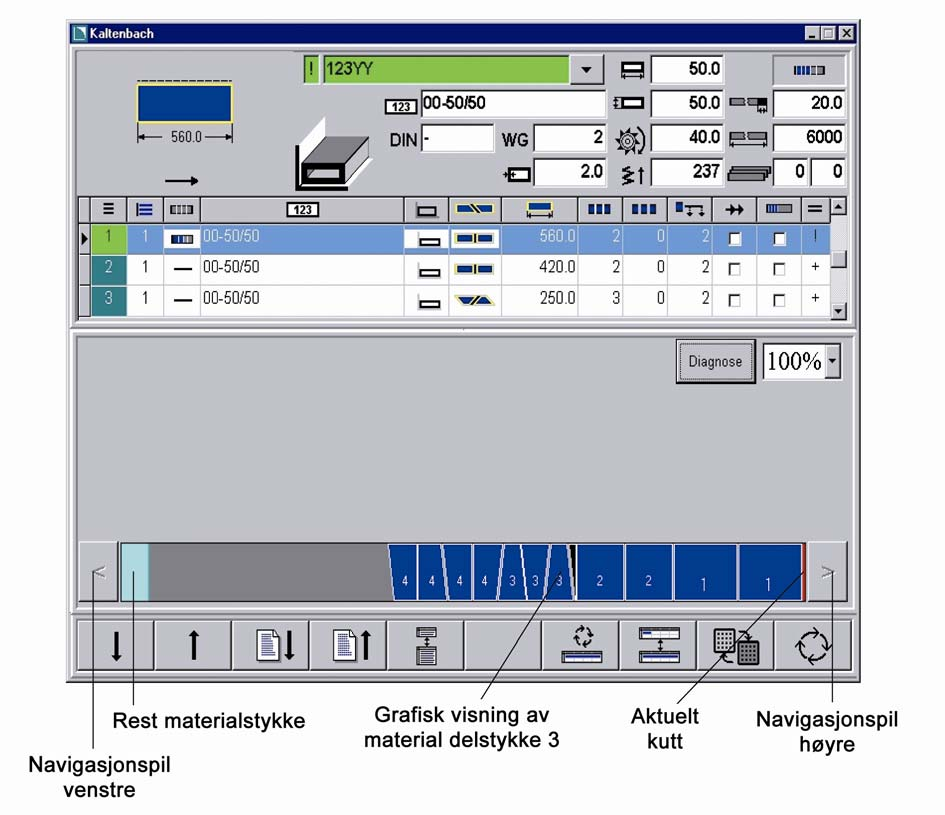 Grafisk fremstilling av utnyttelse av en enkel materialstav Utnyttelsen av materialstaven kan grafisk fremstilles på skjermen, hvor en kan se hvordan de enkelte materialstykkene blir plassert på den