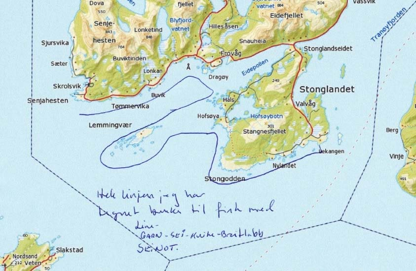 Fra en fisker fra Harstad i Harstad kommune har vi fått tilsendt et kart over området ved Stongodden med inntegninger over hvor han fisker, se vedlegg 3.