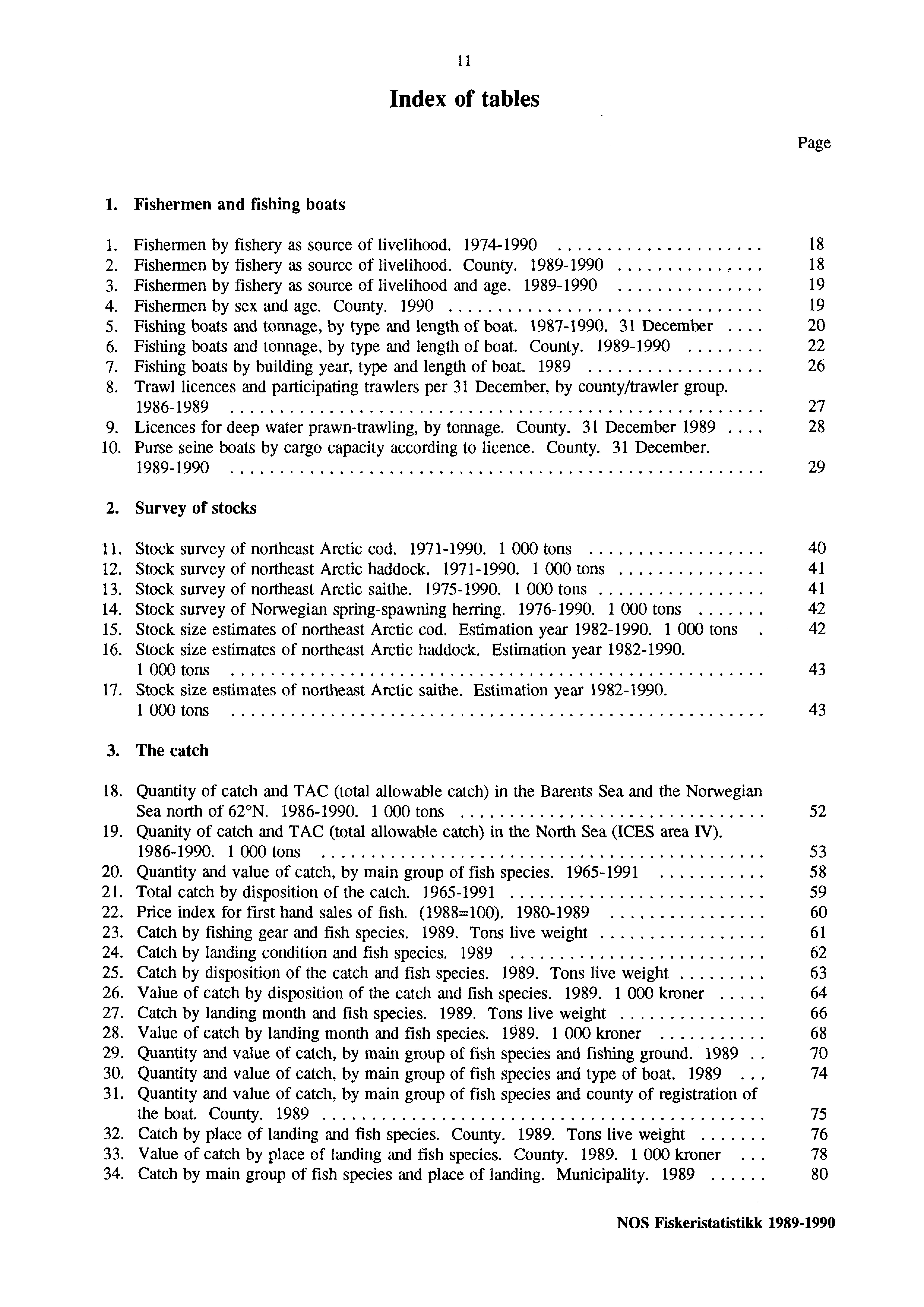 11 Index of tables Page 1. Fishermen and fishing boats 1. Fishermen by fishery as source of livelihood. 1974-1990 18 2. Fishermen by fishery as source of livelihood. County. 1989-1990 18 3.