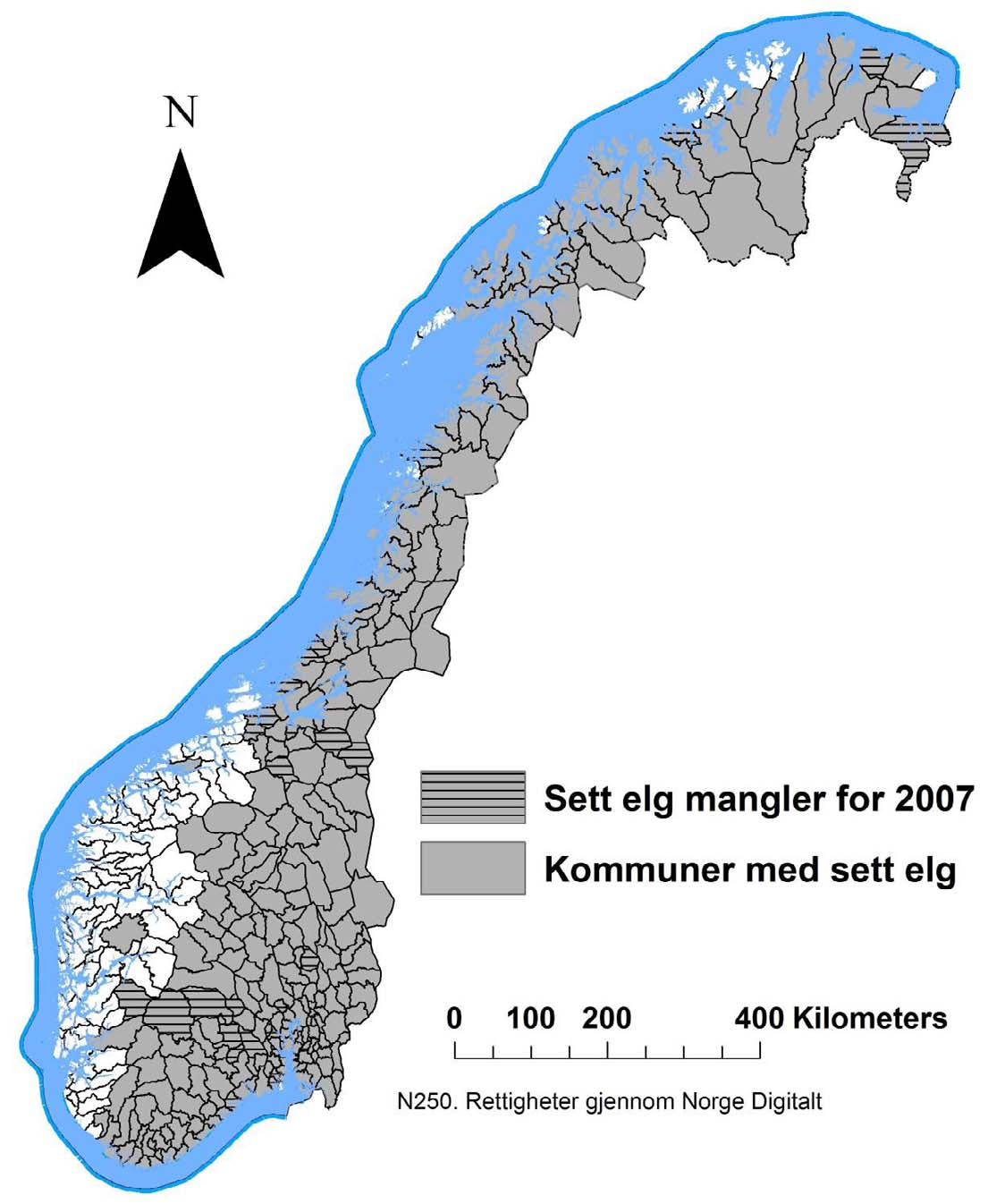 Appendiks 6. Kommuner med sett elg-data tilgjengelig fra ett eller flere år i perioden 1980-2007.