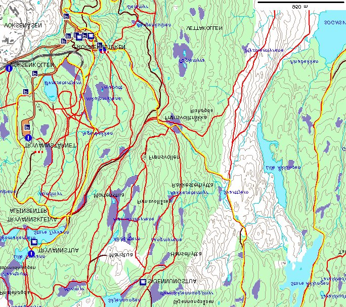 Oppgave 3 Tenk deg at du skal ut på skitur i Nordmarka. Turen starter på Voksenkollen og målet er å gå til Skjennungstua. For ikke å slite deg ut, ønsker du å finne den korteste veien dit.