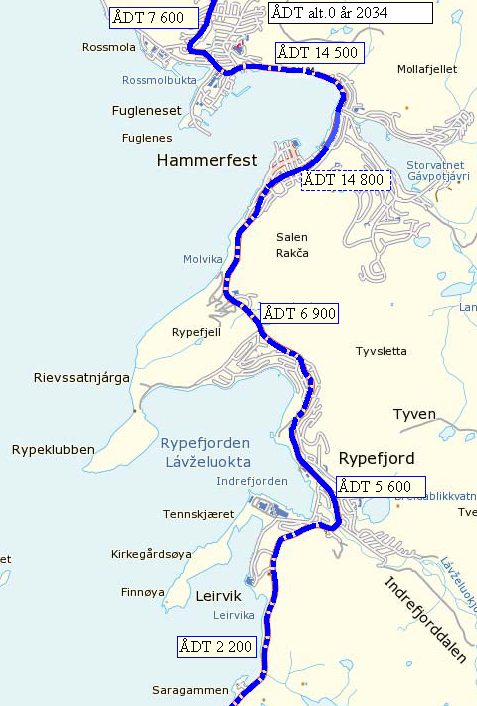 Trafikkregisteringer og analyse Side: 28 5.2.3 ÅDT for 0-alternativet i år 2034 Kartet under viser beregningsresultater for dagens riksveg i år 2034. Figur 5.