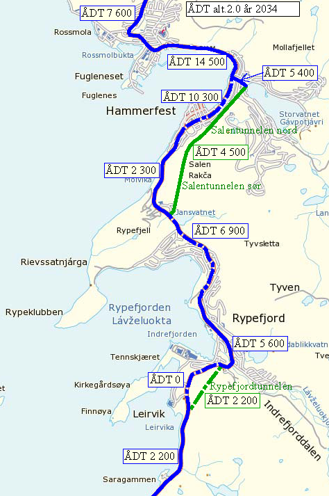 Trafikkregisteringer og analyse Side: 31 ÅDT er 10.900 kjøretøy per døgn og 3.600 kjøretøy per døgn henholdsvis i Fuglenestunnelen og på Fyglenesvegen. 5.2.6 ÅDT for alternativ 2.0 i år 2034 Figur 5.