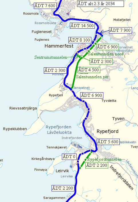 Trafikkregisteringer og analyse Side: 32 5.2.7 ÅDT for alternativ 2.3 i år 2034 Figur 5.9: Beregningsresultater fra CUBE for alternativ 2.3. ÅDT i år 2034 Alternativ 2.