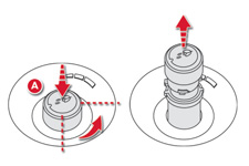 Uttak av duftpatronen Innsetting av en duftpatron Regulering av mengden Trykk inn knapp A ved å dreie den en kvart omdreining mot venstre