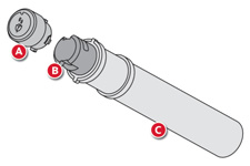 Komfort Utskifting av en duftpatron Fornyelse av duftsystemet består av en patron B og et vanntett etui C. Fjern beskyttelsesfilmen D. Plasser hodet på patronene B på korken A til duftsystemet.