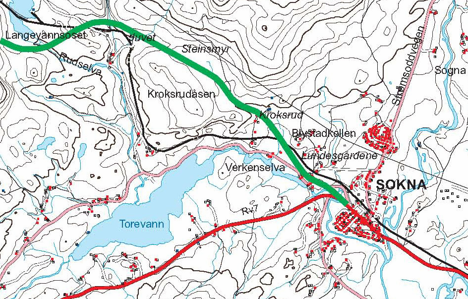 2 Område Soknavassdragets nedbørfelt utgjøres av flere delfelt ovenfor Sokna tettsted. Ett sidefelt drenerer fra Bergsjø (213 mo.h.) til Eidselva som renner ut i Torevannet (144 mo.h.) fra vest.