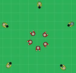 Basisferdigheter inne i en sirkel. - Halvparten av spillerne (med ball) former en sirkel, og resten av spillerne samles i midten av sirkelen (uten ball).