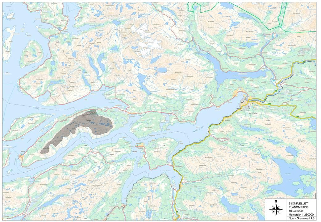 8 (32) Figur 1 Kart over regionen, planområdet markert med grått 1.1 Vindkraftverket Norsk Grønnkraft planlegger en total installert effekt på inntil 330 MW i Sjonfjellet vindkraftverk.
