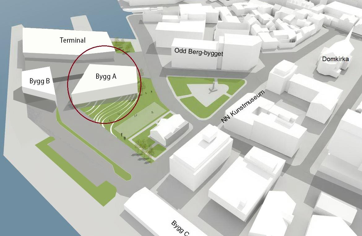 Bygget ligger midt i bybildet, inntil Prostneset Terminal, og med ansiktet til Roald Amundsens Plass.