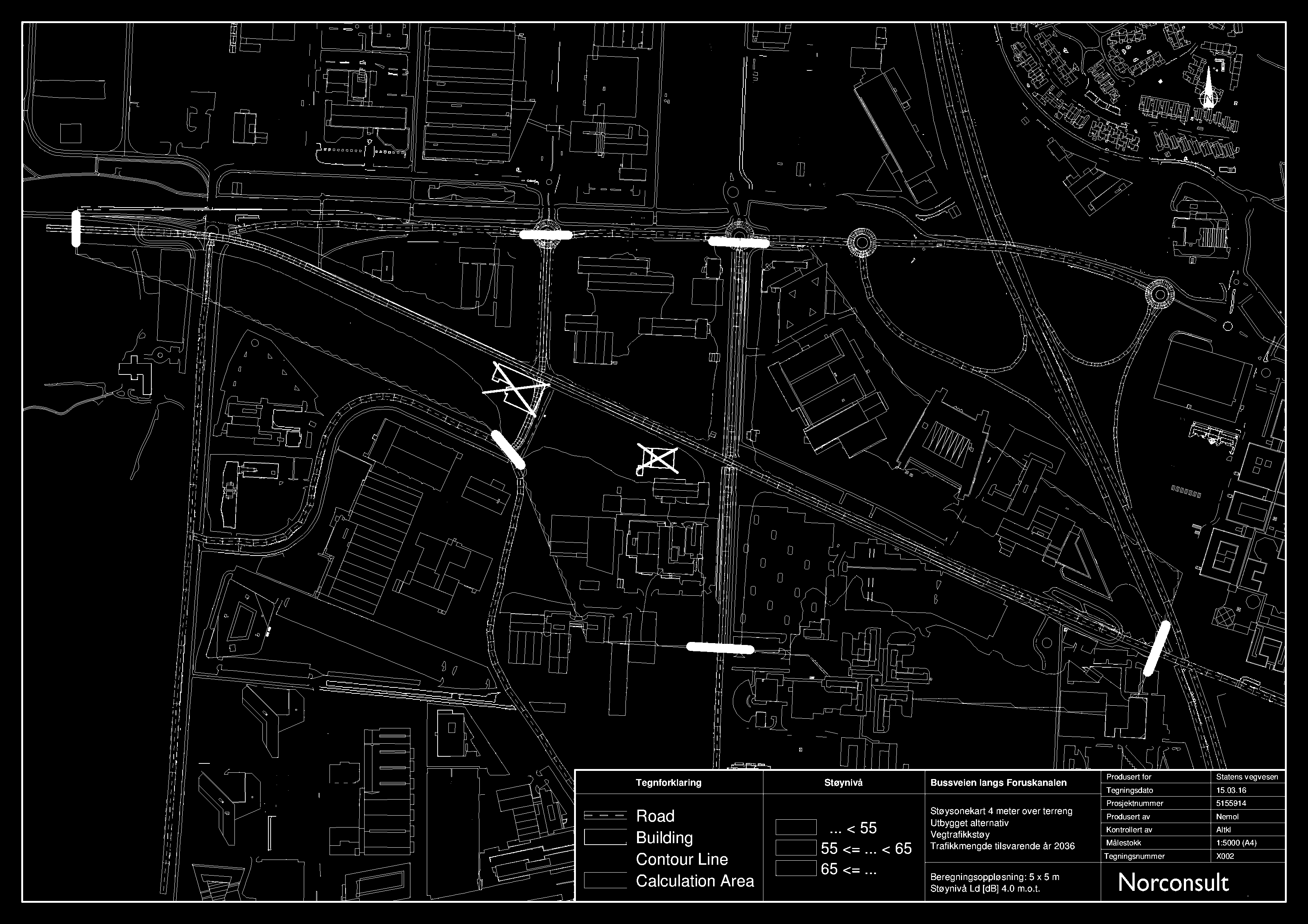 Tegnforklaring Støynivå Bussveien langs Foruskanalen Produsert for Tegningsdato Statens vegvesen 15.03.16 Road Building Contour Line Calculation Area... < 55 55 <=... < 65 65 <=.