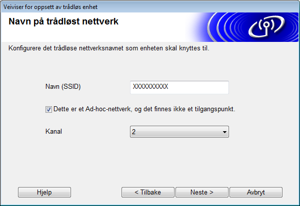 Konfigurere maskinen for et trådløst nettverk (ADS-2800W / ADS-3600W) 7 Merk av for Dette er et Ad-hoc-nettverk, og det finnes ikke noe tilgangspunkt, og klikk på