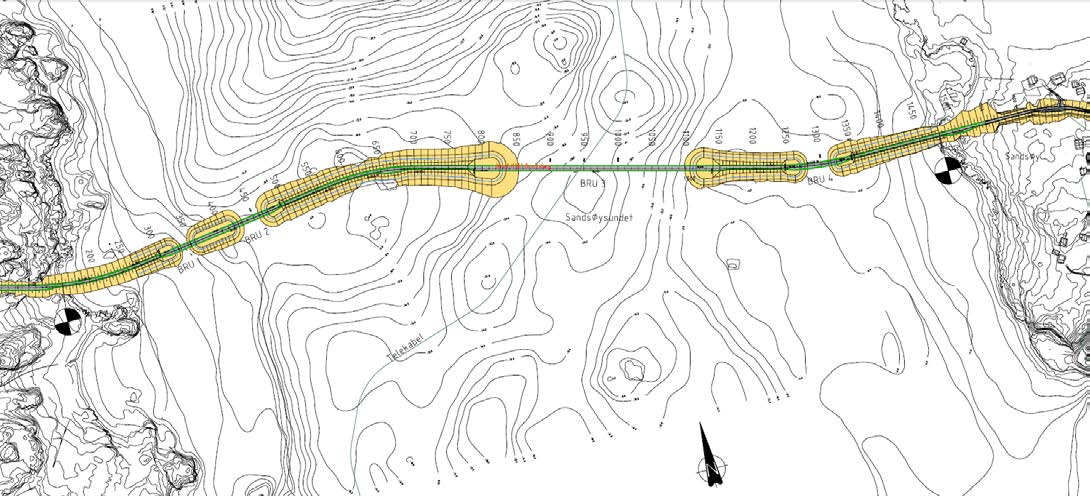 Oversikt sjøfylling og broer Bruer fra Grytøya til Sandsøya: 1. Tjeldevikbrua 2. Dynabrua 3. Sandsøysundbrua 4.