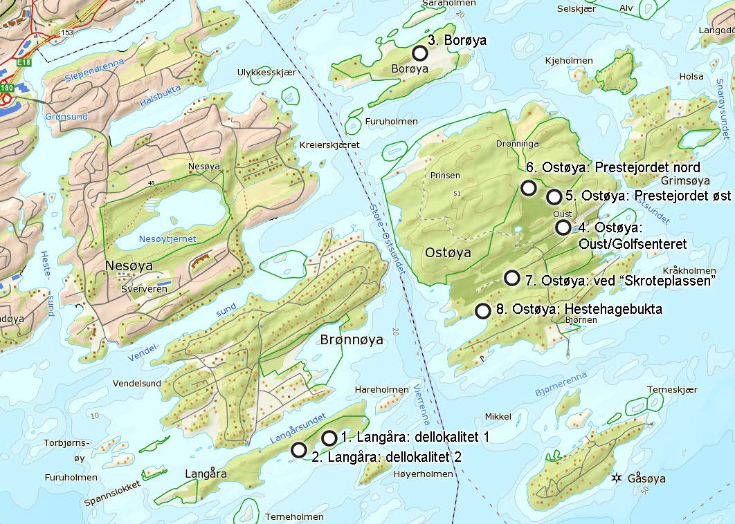 Metode Område Følgende lokaliteter/dellokaliteter ble undersøkt (Fig. 1): 1. Asker, Langåra, dellokalitet 1 (øst). UTM: 32V NM 86805 36006 2. Asker, Langåra, dellokalitet 2 (vest).