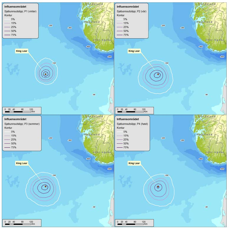 Figur 3-2 Massebaserte influensområder (områder innenfor hvit isoklin) for de fire stokastiske oljedriftssimuleringene av sjøbunnsutblåsninger: P1 bunn, P2 bunn, P3 bunn og P4 bunn.